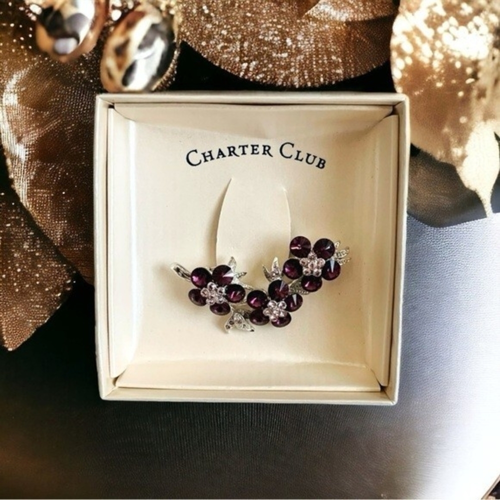 Charter Club Silver Tone Purple Clear Crystal Flower Brooch 2" Pin NIB - Picture 4 of 7